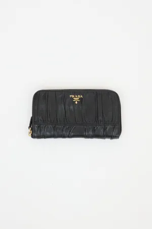 Black Gaufre Leather Zip Around Wallet