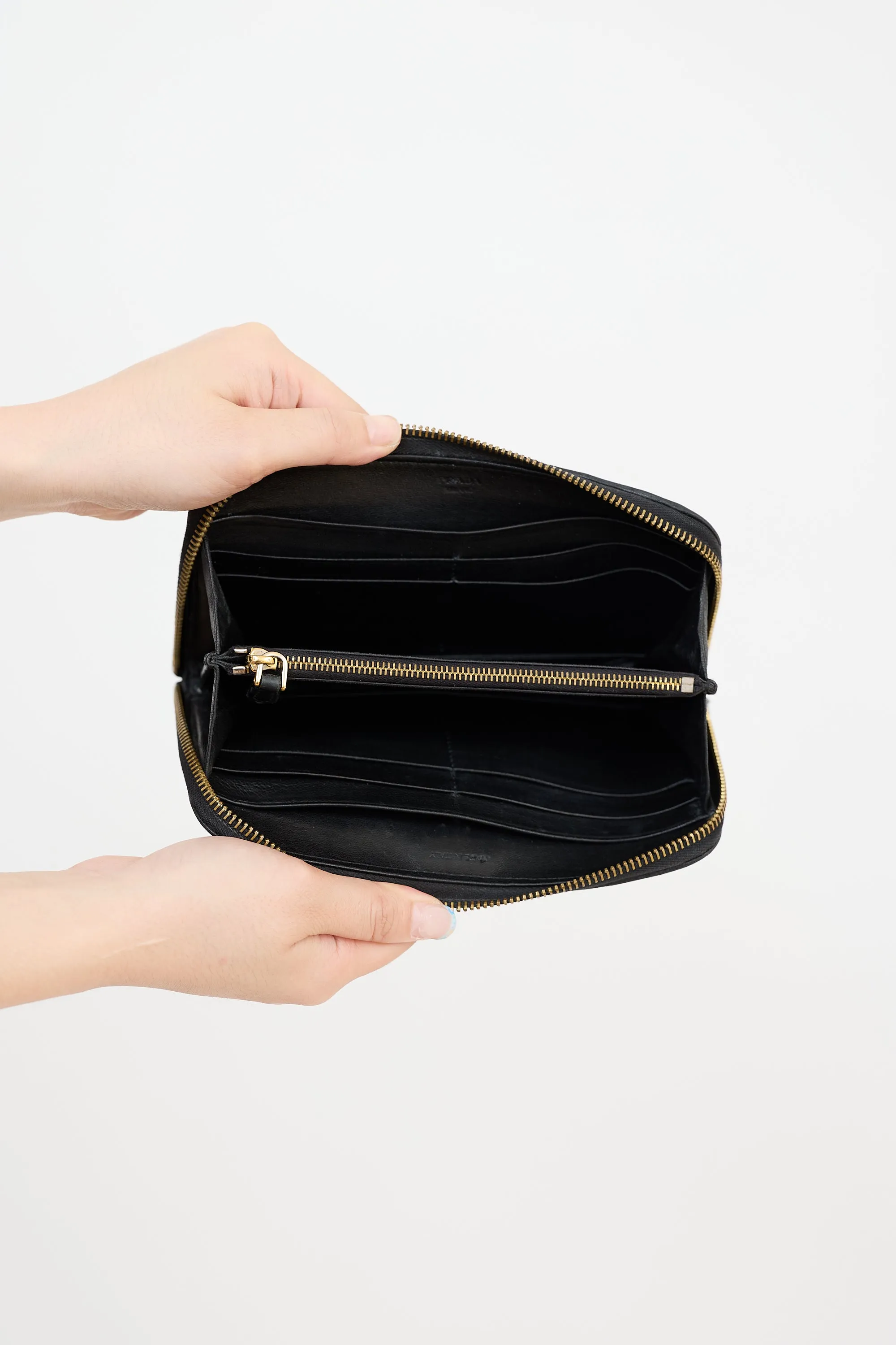 Black Gaufre Leather Zip Around Wallet