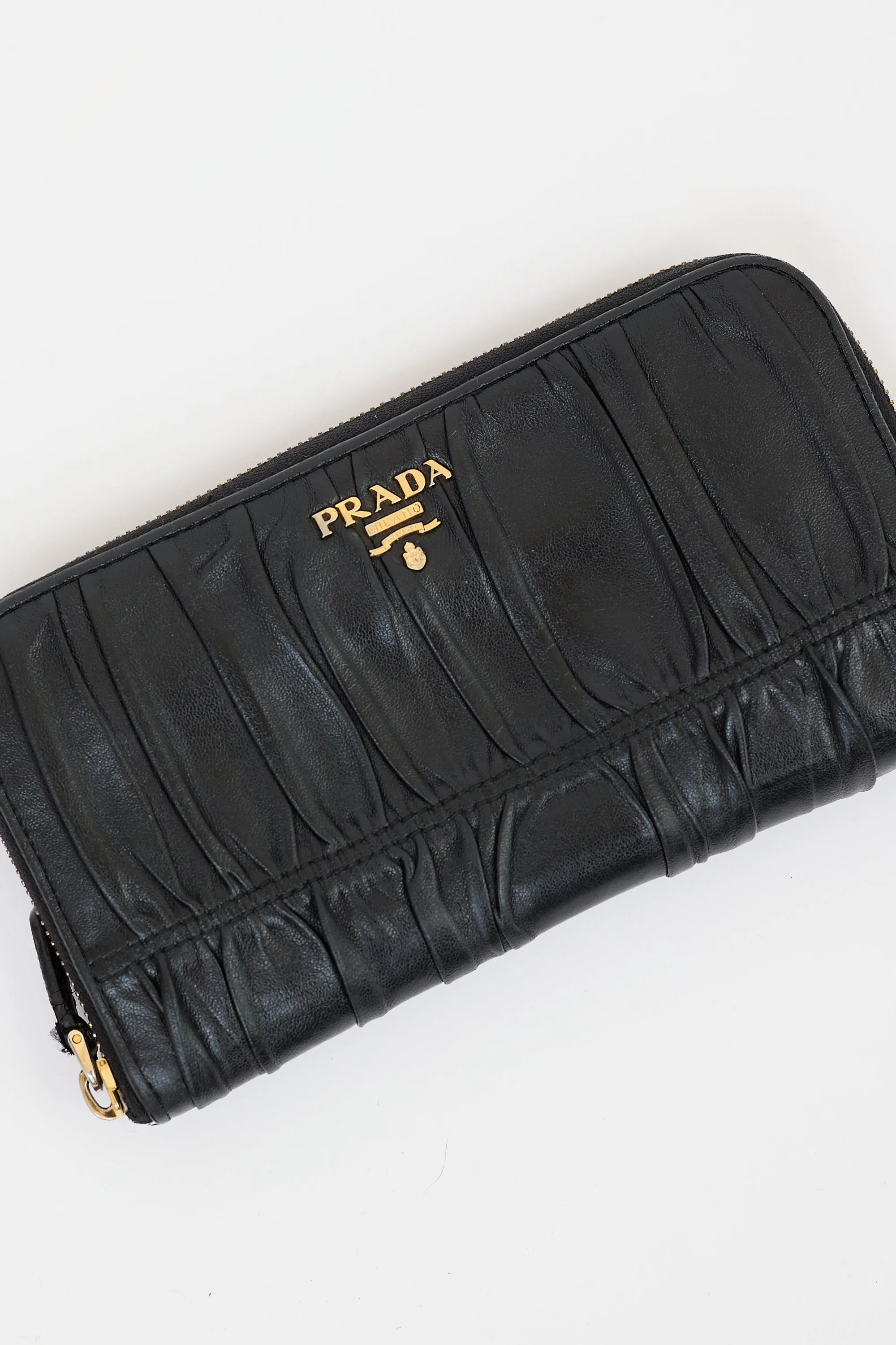 Black Gaufre Leather Zip Around Wallet
