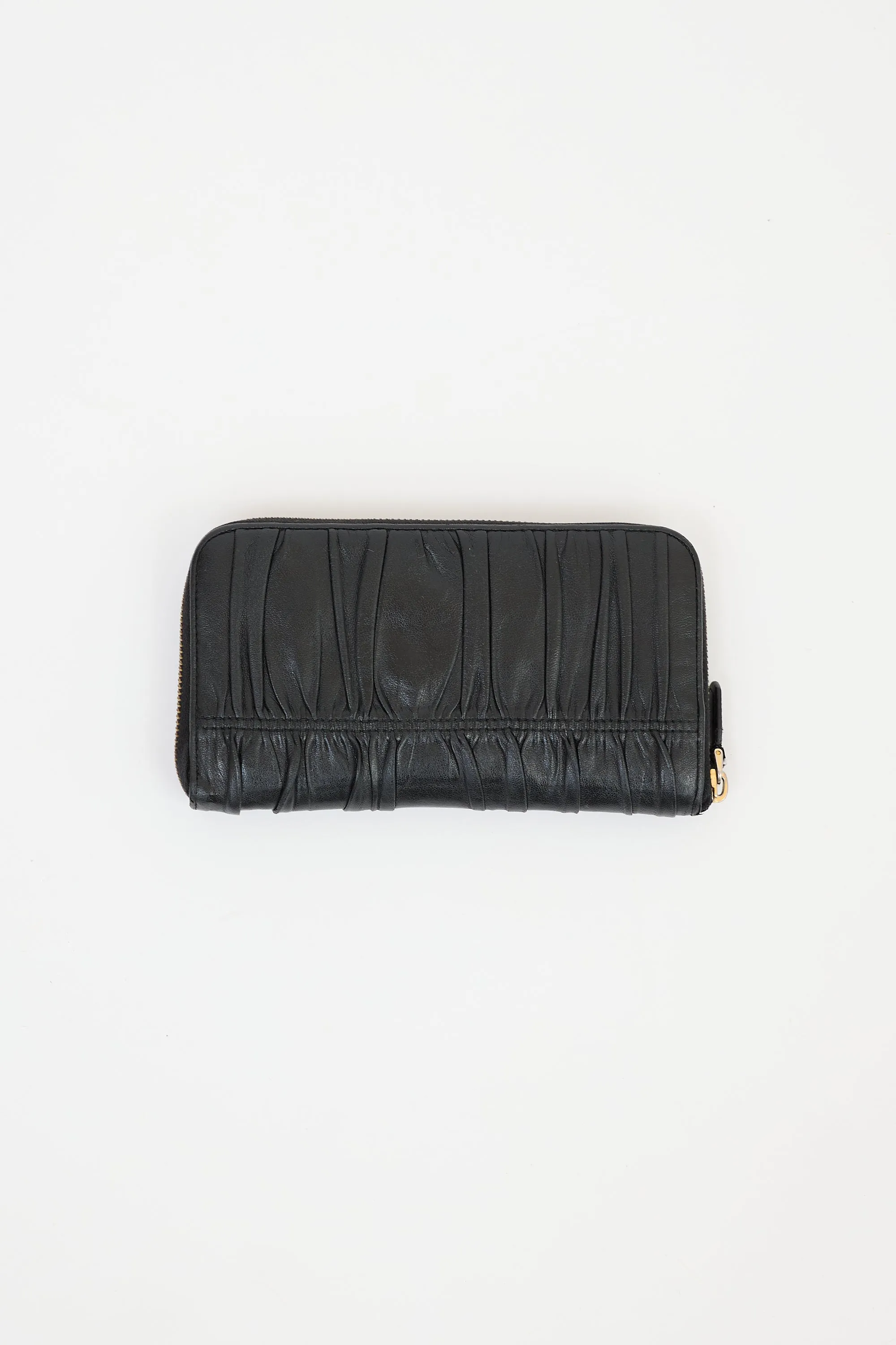 Black Gaufre Leather Zip Around Wallet