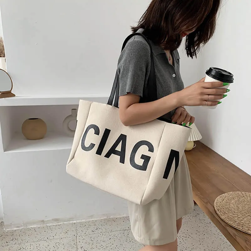 Letter canvas bag women's shoulder bag large capacity tote bag