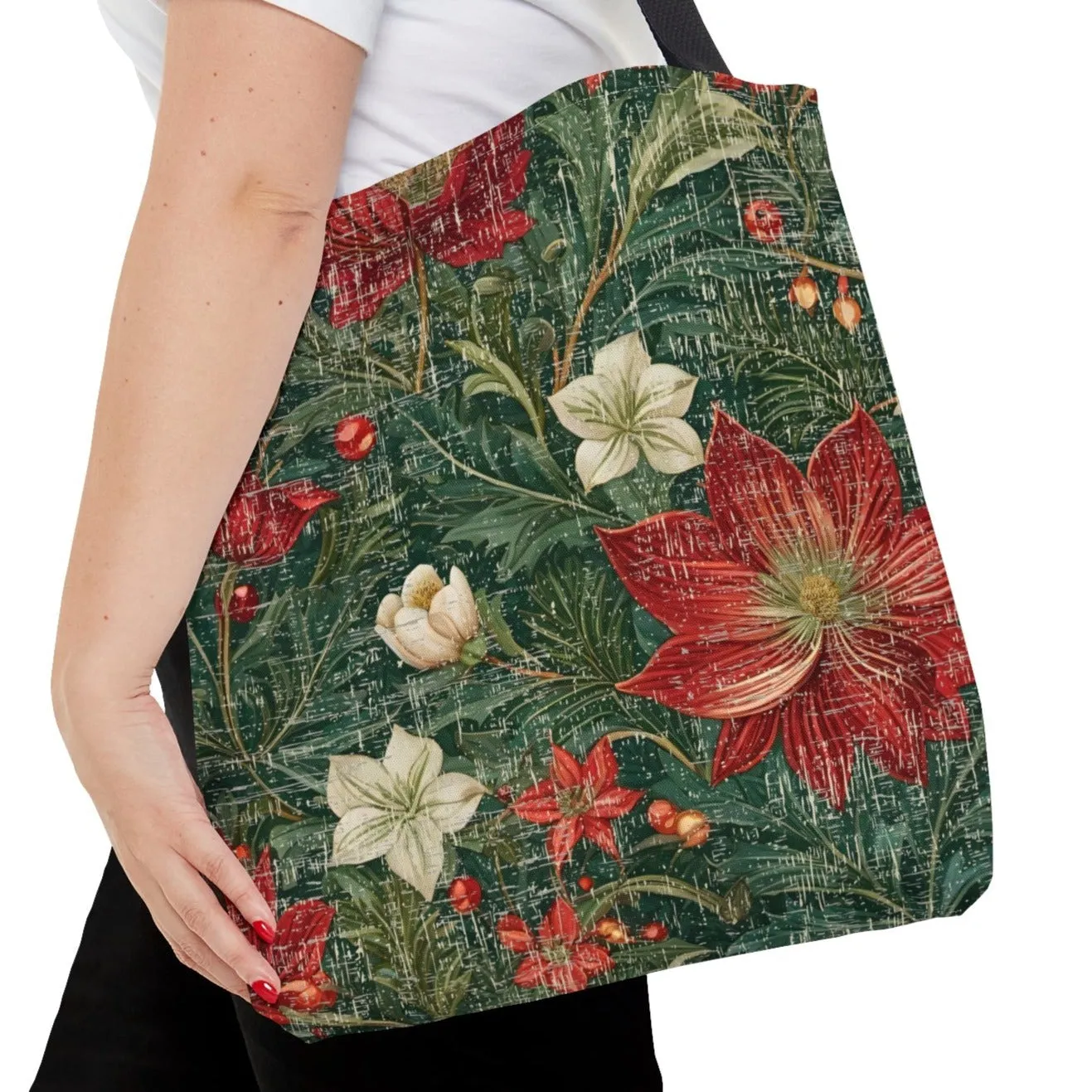 Medium Tote Bag with Christmas Red & White Floral on Hunter Green