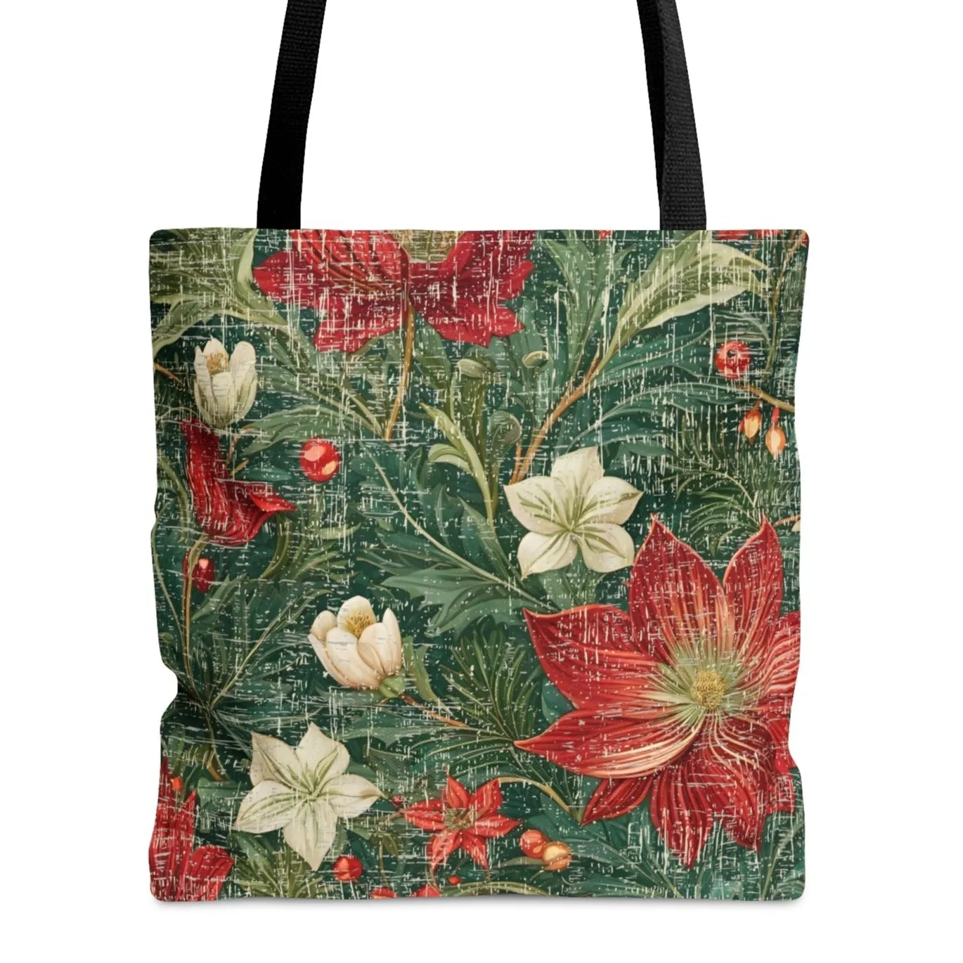 Medium Tote Bag with Christmas Red & White Floral on Hunter Green