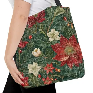 Medium Tote Bag with Christmas Red & White Floral on Hunter Green