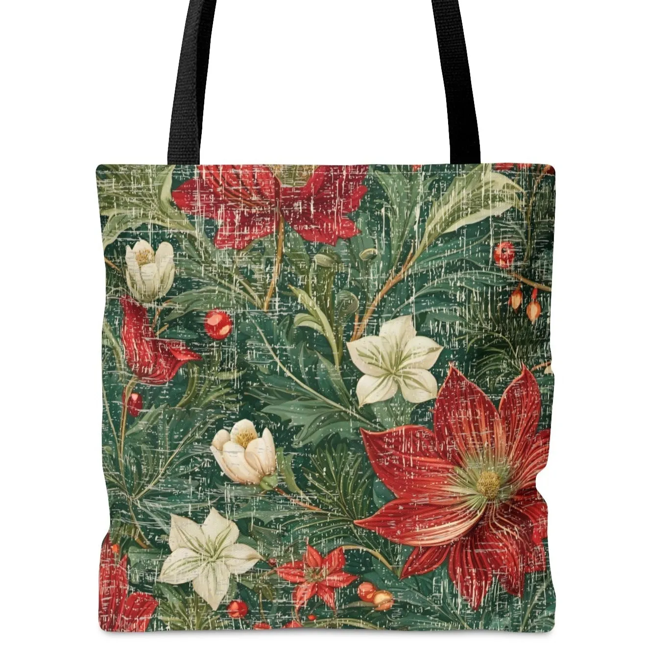 Medium Tote Bag with Christmas Red & White Floral on Hunter Green