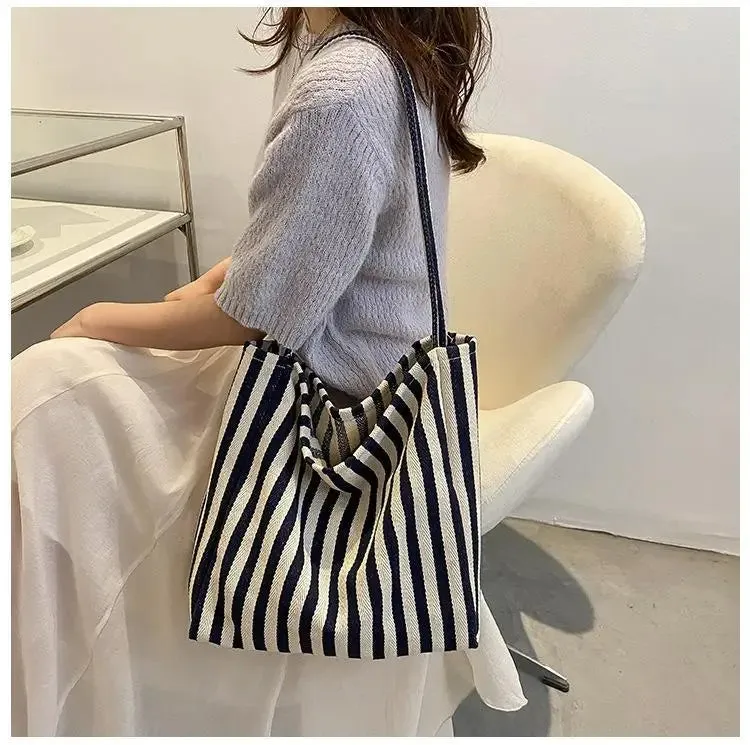 Uakiss Large Capacity Canvas Women Shopper Tote Simple Striped Shoulder Bag Female Casual Multifunctional Travel Top-handle Handbag