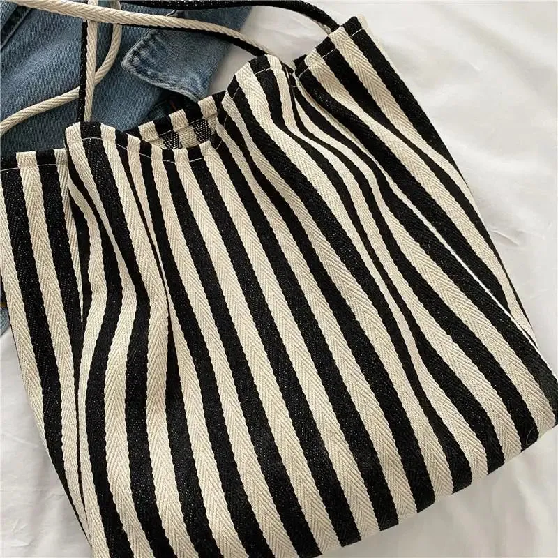 Uakiss Large Capacity Canvas Women Shopper Tote Simple Striped Shoulder Bag Female Casual Multifunctional Travel Top-handle Handbag