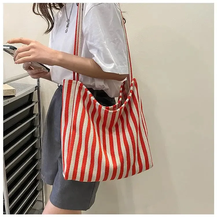 Uakiss Large Capacity Canvas Women Shopper Tote Simple Striped Shoulder Bag Female Casual Multifunctional Travel Top-handle Handbag